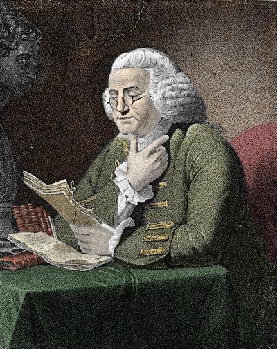 Muotokuva Benjamin Franklinista (1706-1790), yhdysvaltalaisesta filosofista, fyysikasta ja suurlähettilästä. Kaiverrus David Martinin maalauksen jälkeen. tekijältä David (after) Martin