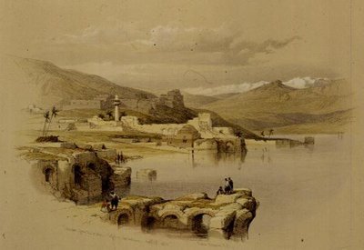 Tiberias from the Walls, Saffet in the Distance, 22. huhtikuuta 1839, levy 37 The Holy Landin I osasta, kaiverrettu Louis Haghe (1806-85) pub. 1842 (litho) tekijältä David (after) Roberts