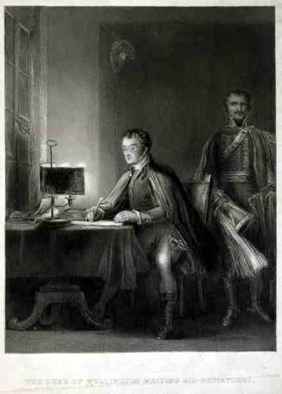 Wellingtonin herttua kirjoittamassa lähetyksiään, kaiverrus William Greatbach (s.1802) (kaiverrus) tekijältä David (after) Wilkie