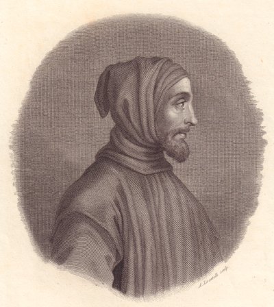 Italian taidemaalari Cimabuen muotokuva (noin 1240-1302), Locatellin kuparikaiverrus Simone Senesen muotokuvasta tekijältä John Ward Dunsmore