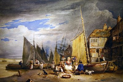 Kalarouva tavaraineen Thamesin rannalla (akvarelli paperille) tekijältä David Cox