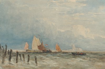 Hollantilaisia kalastuslauttoja rannikon edustalla, kaukana Grote Kerk, Dordrecht. tekijältä David Cox