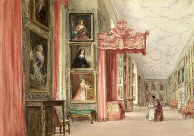 Long Galleryn sisustus, Hardwick Hall, Derbyshire, 1838 tekijältä David Cox