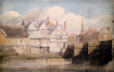 Vanhat talot ja Wye Bridge, Hereford, 1820 tekijältä David Cox