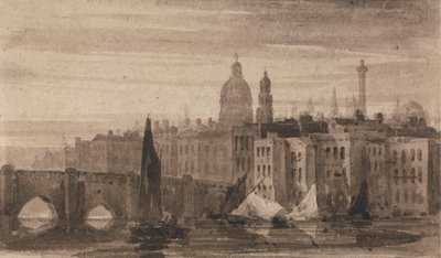Old London Bridge ja St. Paulin katedraali Thamesista tekijältä David Cox