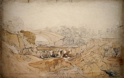 The Bridge at Rhayader (kynä ja akvarelli paperille) tekijältä David Cox