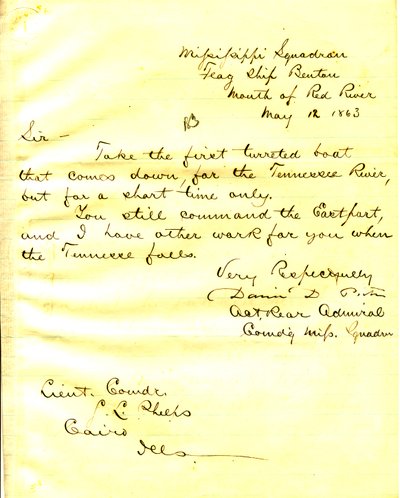 Kirje David D.Porterilta, Yhdysvaltain Bentonilta, Red Riverin suulta, Seth Ledyard Phelpsille, Kairo, Illinois, 12. toukokuuta 1863 tekijältä David D. Porter