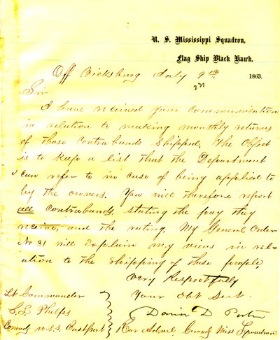 Kirje David D.Porterilta, USA: n Black Hawkilta Vicksburgin edustalta, Seth Ledyard Phelpsille, komentaja Yhdysvaltain Eastportille, 9. heinäkuuta 1863 tekijältä David D. Porter
