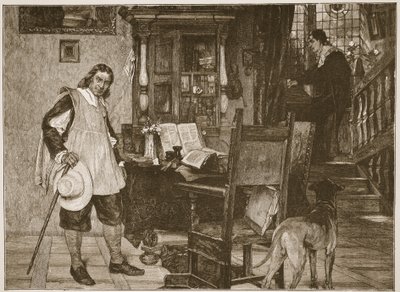 Oliver Cromwell vierailee John Miltonin luona, kuvitus teoksesta "The Church of England: A History for the People", kirjoittanut H.D.M. Spence-Jones, pubi. n. 1910 (seepiavalokuva) tekijältä David Dalhoff Neal