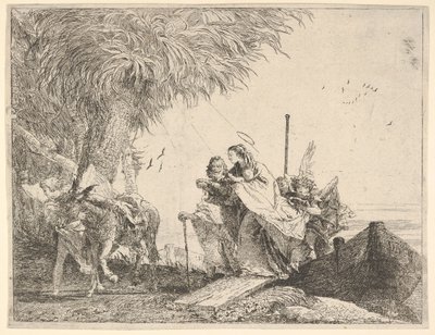 Maria, Joosefin ja enkelin auttamana, astumassa veneestä rantaan, enkeli pysähtyy..., 1753. tekijältä David Giovanni