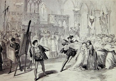Kohtaus Michael Balfen oopperasta "Moro, Antwerpenin maalari". tekijältä David Henry Friston