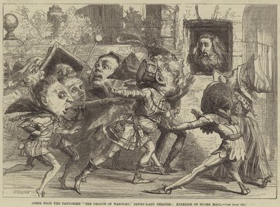 Kohtaus Pantomiimista The Dragon of Wantley, Drury-Lane Theatre, Moore Hallin ulkopuoli tekijältä David Henry Friston