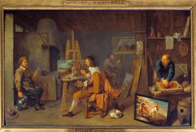 Maalarin työpaja poseerausmallilla ja värihiomakoneella. David III Ryckaertin (1612-1661) maalaus, Ec. Flam tekijältä David III Ryckaert