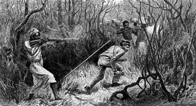 Manyeman väijytys, Keski-Afrikka, kaiverrus David Livingstonen Last Journalsista, kirjoittanut David Livingstone (1813-1873), Lontoo tekijältä David Livingstone