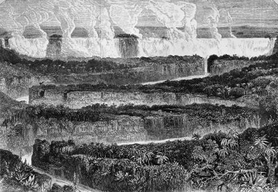 Näkymä Zambezin suuresta kaihista, joka tunnetaan nimellä Mosi-oa-Tuny tai Victoria Falls, Sambia, kaiverrus artikkelista Narrative of Expedition to Zambezi ja sen sivujoet, David Livingstone (1813-1873) ja Charles Livingstone (1821-1873), Lontoo tekijältä David Livingstone