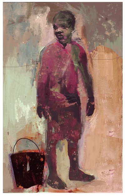Boy and Water Bucket 2016 (Mixed Media puupaneelilla) tekijältä David McConochie