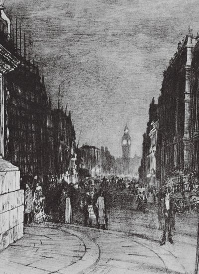 Lontoo: Whitehall Lights (litografia). tekijältä David Muirhead (after) Bone