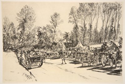 Varastojen täyttöpiste, kuvitus teoksesta "The Western Front", julkaisija Country Life Ltd. tekijältä David Muirhead Bone