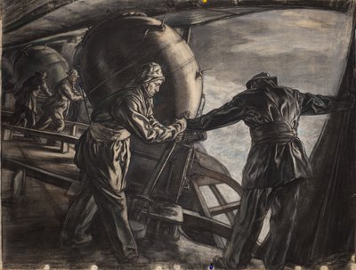 Tutkimus talviaikaista miinanlaskua varten Islannin edustalla, noin 1942 (hiili ja väriliitu paperille). tekijältä David Muirhead Bone