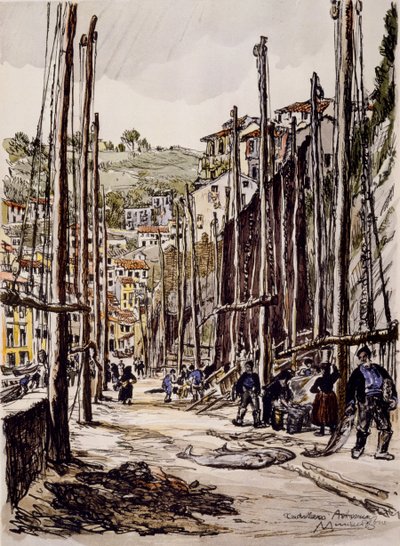 Tonnikalanpyytäjät, Cudillero, Asturian rannikolla tekijältä David Muirhead Bone