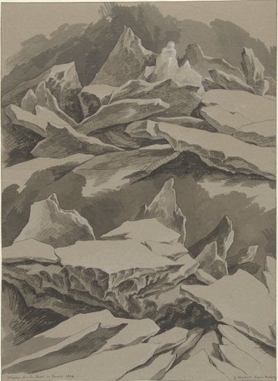 Jäälautat Maasilla tammikuussa 1809 Glaçons sur la Meuse en Janvier 1809 (otsikko esineessä) tekijältä David Pièrre Giottino Humbert de Superville (signed by artist)