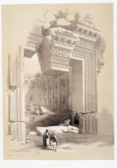 Baalbekin portti Libanonissa, piirustus tehty 7.5.1839 "Pyhässä maassa" Lontoossa 1849 tekijältä David Roberts