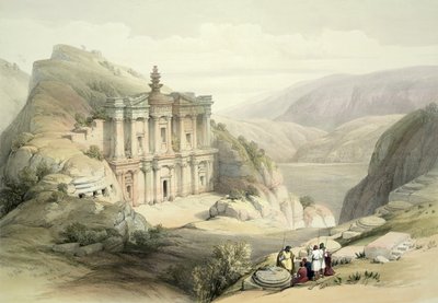 El Deir, Petra, 8. maaliskuuta 1839, levy 90 The Holy Landin III niteestä, kaiverrettu Louis Haghen (1806-85) pub. 1849 tekijältä David Roberts