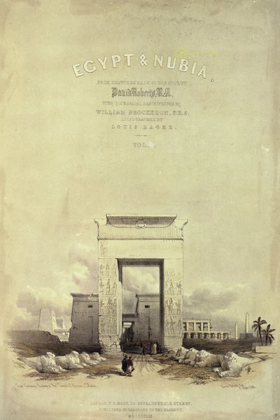 Suuri portti, joka johtaa Karnakin temppeliin, "Egypti ja Nubia" otsikkosivu, Louis Haghen litografia, julkaistu 1849 (litho) tekijältä David Roberts