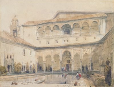 The Court of Myrtles, Alhambra (tai Hall of Myrtles, Alhambra) 1833 (kynä ja akvarelli paperille) tekijältä David Roberts
