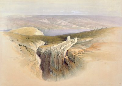 Kuollutmeri Moabin suuntaan, 4. huhtikuuta 1839, taulu 50 Louis Haghen (1806-85) julkaiseman teoksen "The Holy Land" (Pyhä maa) niteestä II, kaiverrettu. 1843 tekijältä David Roberts