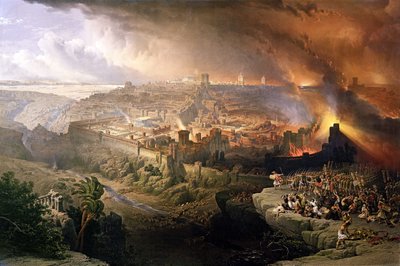 Jerusalemin piiritys ja tuhoaminen roomalaisten toimesta Tituksen johdolla vuonna 70 jKr. tekijältä David Roberts