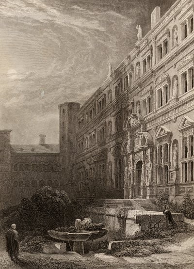 Heidelbergin suuri hovi, H. Winklesin kaiverrus, kuvitus Reinin pyhiinvaeltajista, julkaistu 1840 tekijältä David Roberts