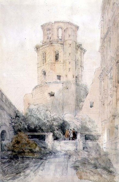 Heidelbergin torni, n. 1830 (kynä ja akvarelli paperille) tekijältä David Roberts