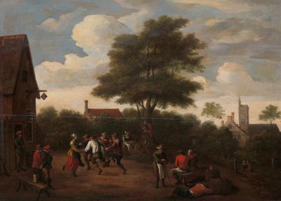 Talonpojat tanssivat Crescent-tavernan ulkopuolella tekijältä David Teniers (II) (manner of)