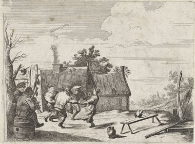 Tanssivat maanviljelijät kahden muusikon musiikin tahtiin tekijältä David Teniers (II)