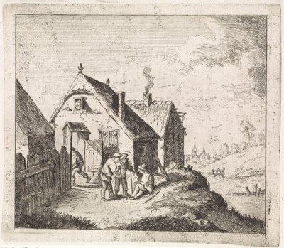 Kolme miestä keskustelemassa talossa tekijältä David Teniers (II)