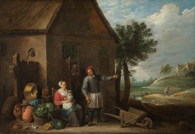 Aviomies mökin ovella istuvan naisen ja lapsen kanssa tekijältä David Teniers (II)