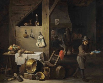Keittiön sisustus, jossa on nuori poika ja kolme hahmoa juomassa ja tupakoimassa. tekijältä David Teniers the Younger