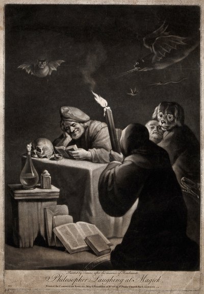 Mies lukee kirjaa, hymyilee; hänen vieressään huppumies, polvillaan tekijältä David Teniers the Younger
