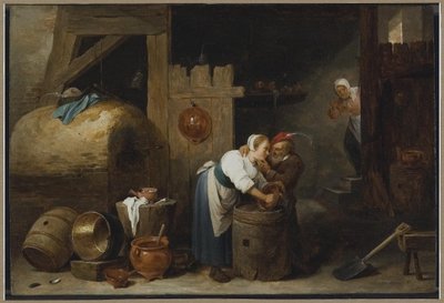 Sisätila, jossa nuori nainen kuuraa kattiloita vanhan miehen vaivatessa häntä. tekijältä David Teniers the Younger