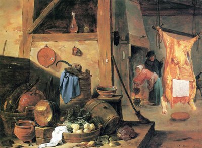 Keittiön sisustus, jossa on asetelma ja teurastettu härkä tekijältä David Teniers the Younger
