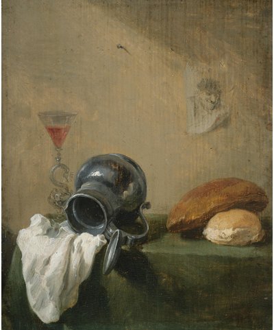 Asetelma, jossa on kaatunut kannu tekijältä David Teniers the Younger