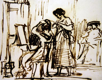 Sisustus, jossa nainen pukee hiuksiaan (muste paperille) tekijältä David Wilkie