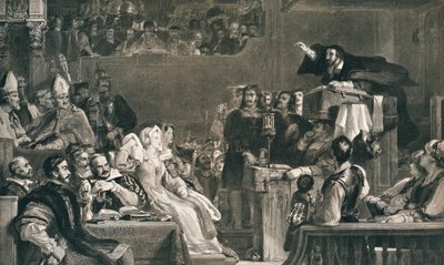 John Knox saarnaa seurakunnan herrojen edessä, 10. kesäkuuta 1559, c1827, 1912 tekijältä David Wilkie