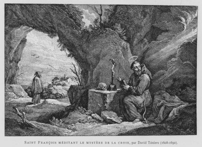 Pyhä Franciscus mietiskelemässä ristin mysteeriä (litho) tekijältä David the Younger (after) Teniers