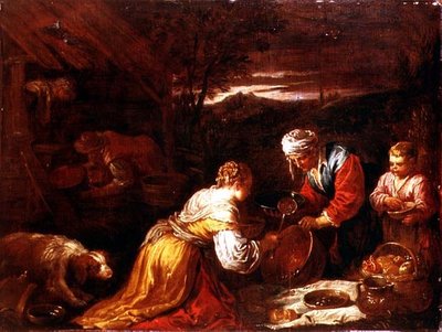 Talonpojat valmistavat ruokaa mökin ulkopuolella, takana laaja maisema tekijältä David the Younger (attr. to) Teniers