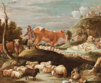 Lehmäpaimen karjan ja lampaiden kanssa puron lähellä (öljy kankaalle) tekijältä David the Younger (follower of) Teniers