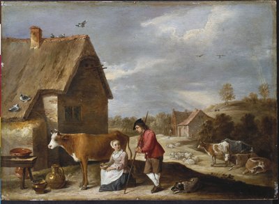 Maitotyttö ja paimen mökin ulkopuolella, 1640-luvun lopulla tekijältä David Teniers the Younger