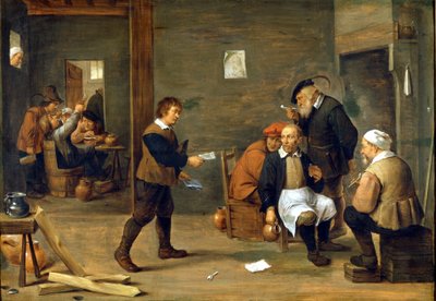 Ryhmä miehiä lämmittelemässä savupiipun edessä. David Teniersin maalaus dit Le Jeune (1610 - 1690) Milano, Museo del castello. tekijältä David Teniers the Younger