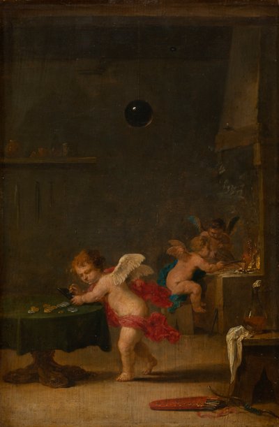 Amoretti alkemistin työpajassa, noin 1635-37 (öljy tammelle). tekijältä David the Younger Teniers